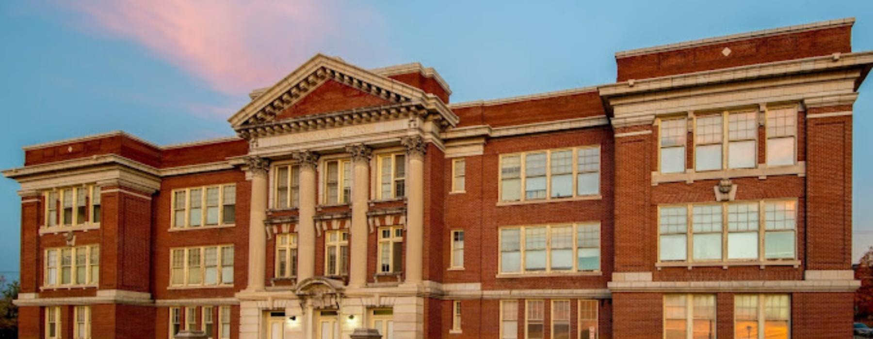 a large building with a red brick